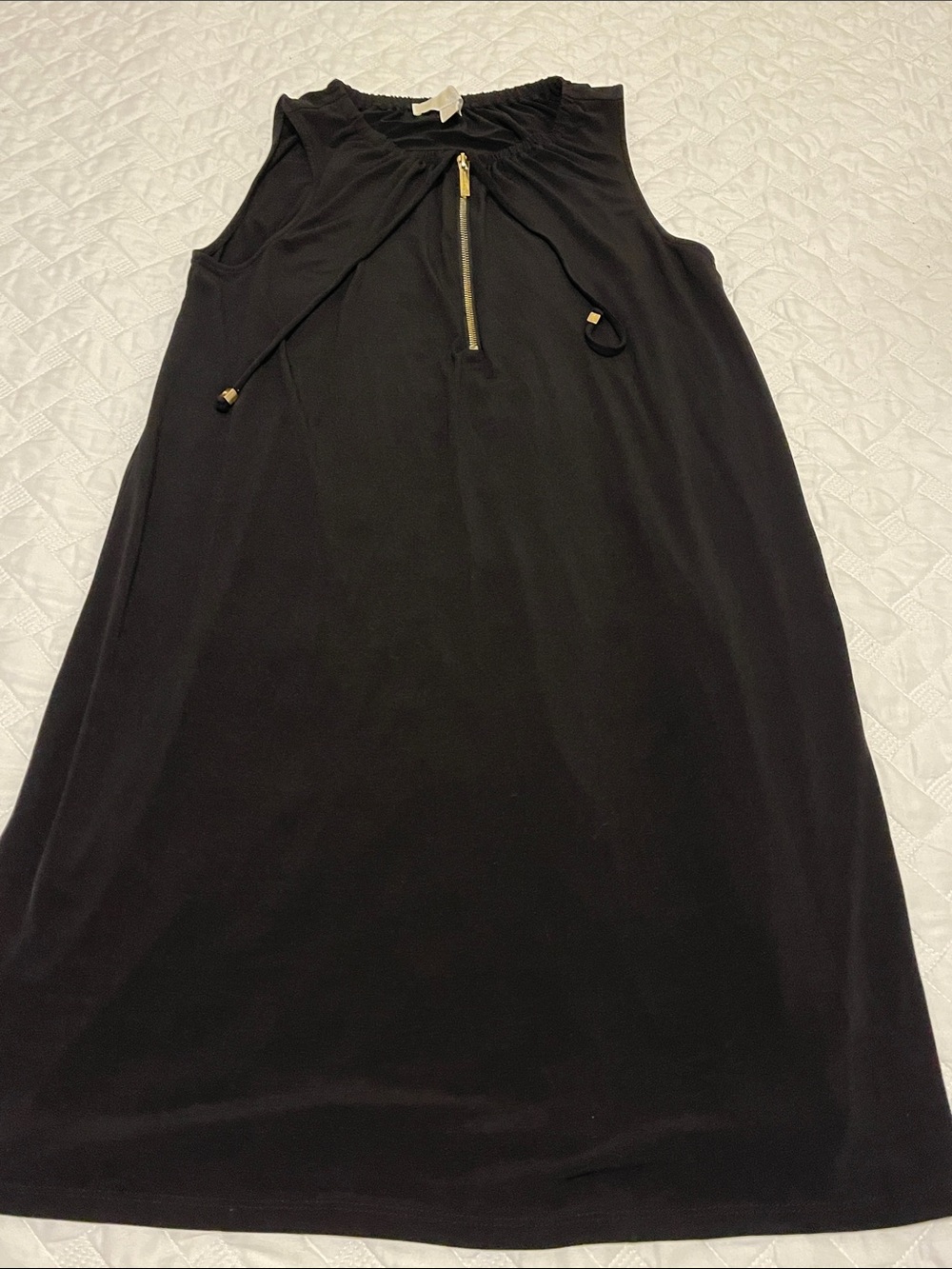 MICHAEL Michael Kors Black Sleeveless Drawstring Shift Dress with Gold Zip